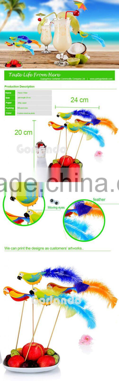 Parrot colorful decoration cake and fruit wooden cocktail picks in bar