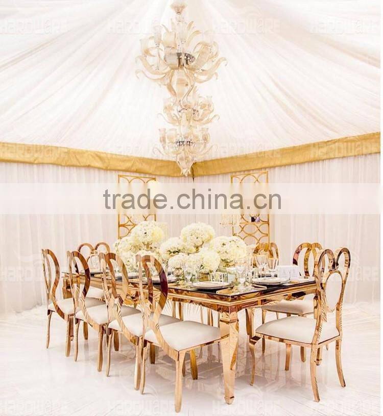 hotel gold stainless steel mirror glass top wedding dining table