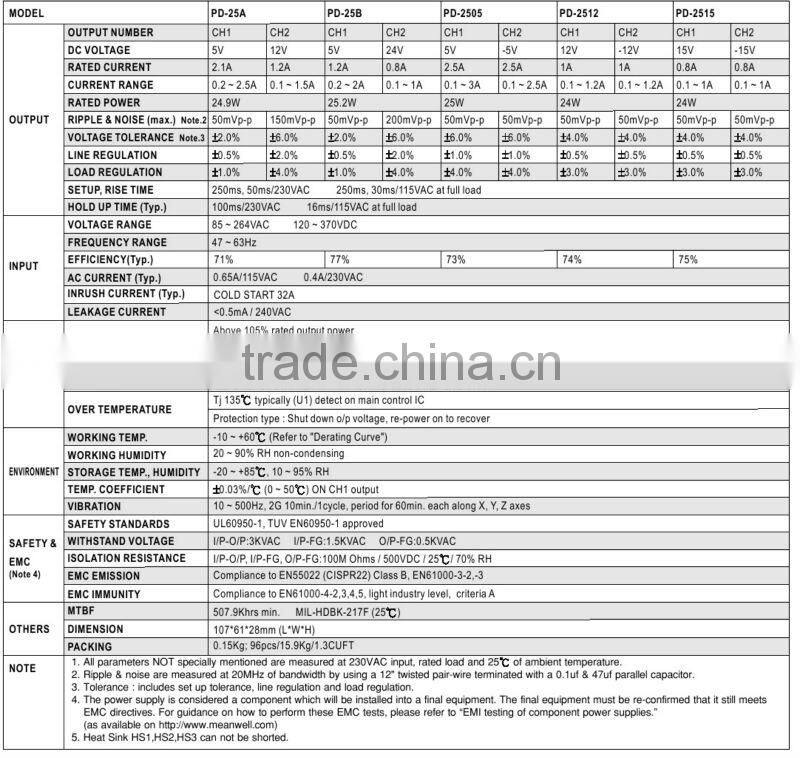 MEANWELL PD-25A 25W Dual Output Switching Power Supply