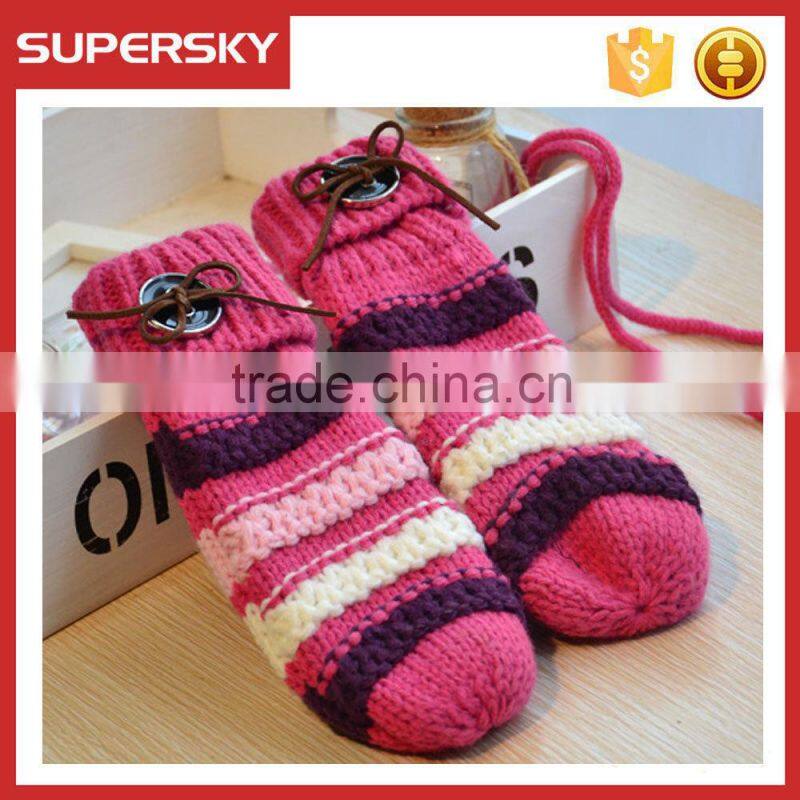 V-394 fashion crochet stripe women winter mittens gloves with button hand warmer mitten gloves knit arm warmer