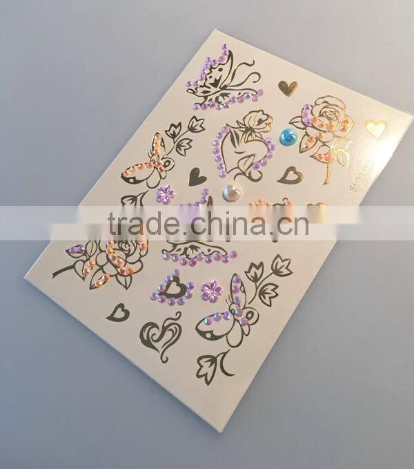 custom new fashion rhinestone metallic tattoo crystal gold foil tattoo stickers