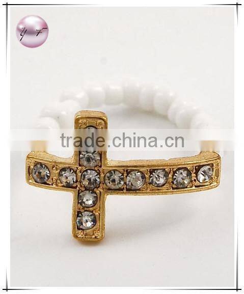 Gold Tone Turquoise Seed Beads Cross Stretch Ring