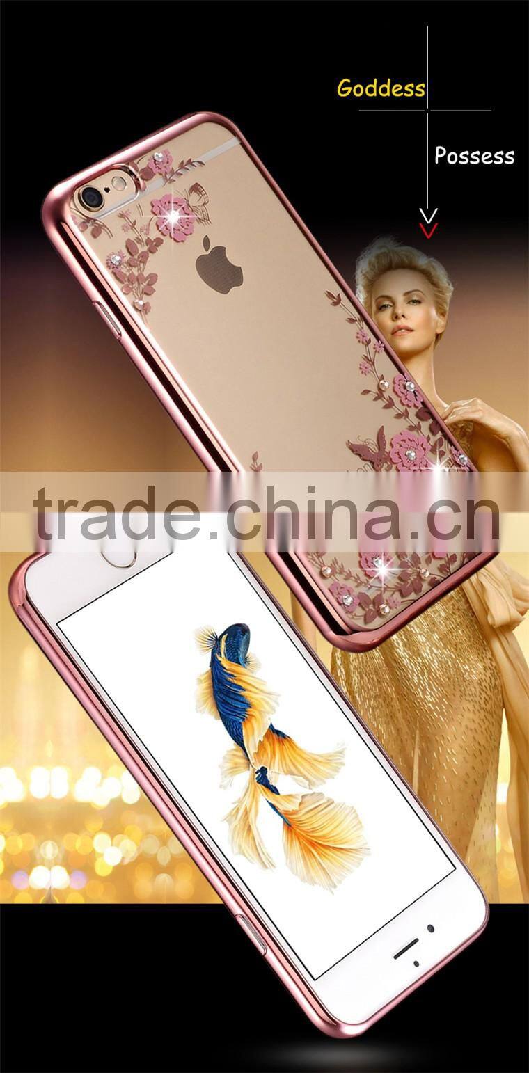 Hot Selling Luxury Garden Style Crystal Clear Soft TPU Diamante Eletroplated Case for Iphone 6