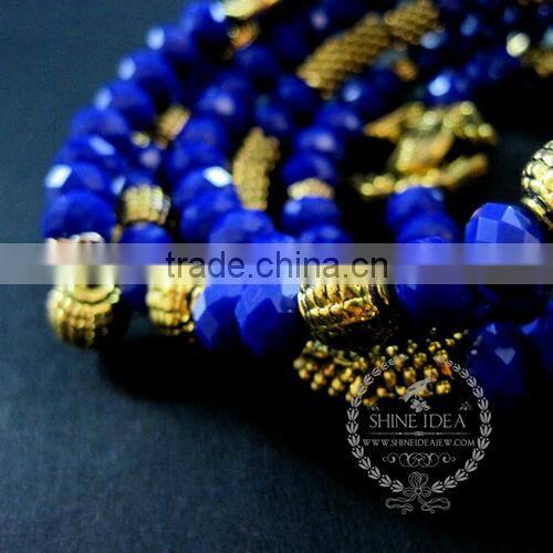 vintage antiqued gold wings deep blue faceted glass beads 6 layers chunky chic fashion wiring bangle bracelet jewelry 6490041
