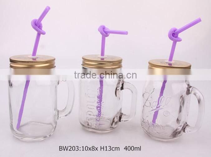 400ml glass mason jar with handle and plastic straw