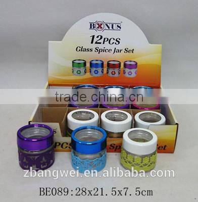 popular glass spice jar with metal flower coating in a display box