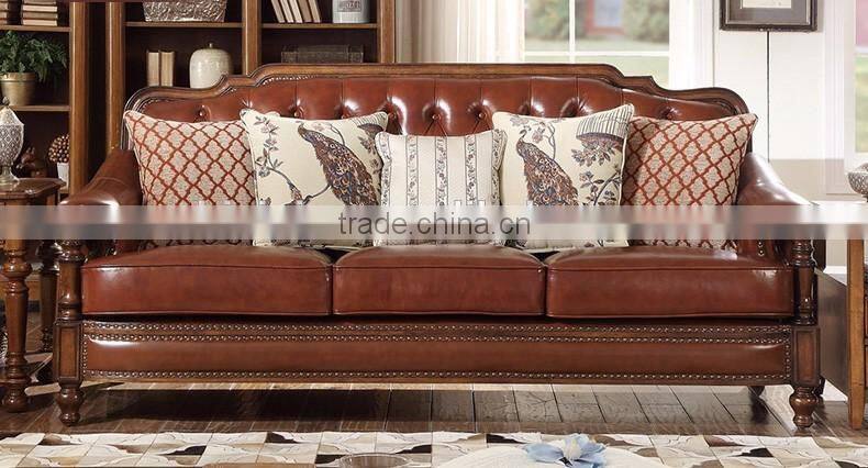 American classic concise solid wood hand carved living room furniture genuine leather 1+2+3 sofa set