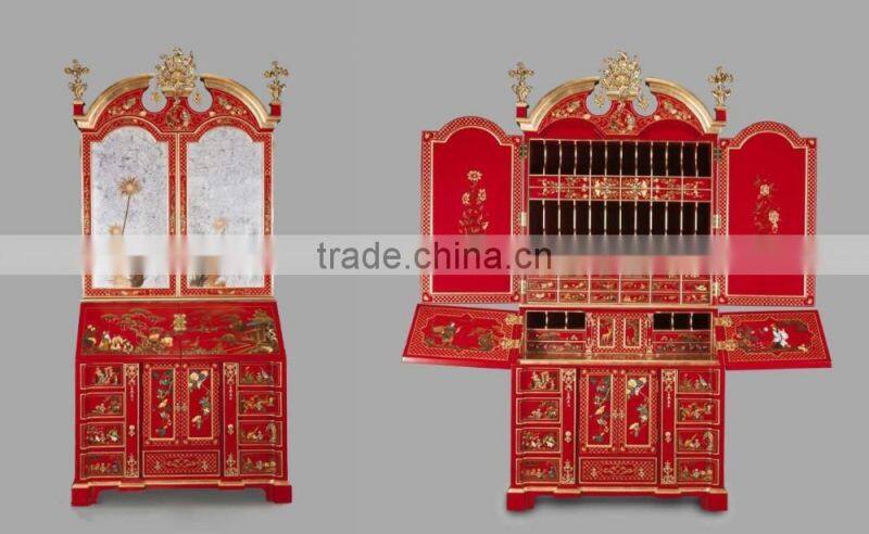 Gold Gilding Wooden Curio Cabinets With Flowers Paint Motif, Hand Painted Red Chinoiserie Secretary Cabinet with Drop Front Desk