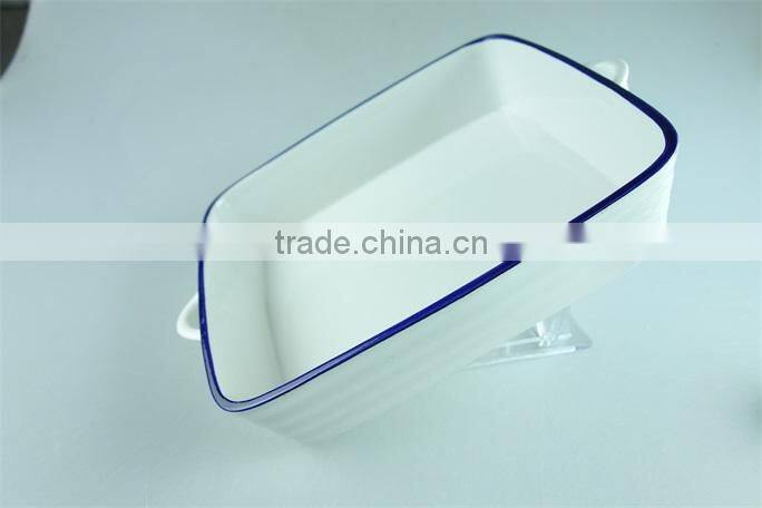White blue line zakka style enamel ceramic baking dish with handles rectangular baking dish