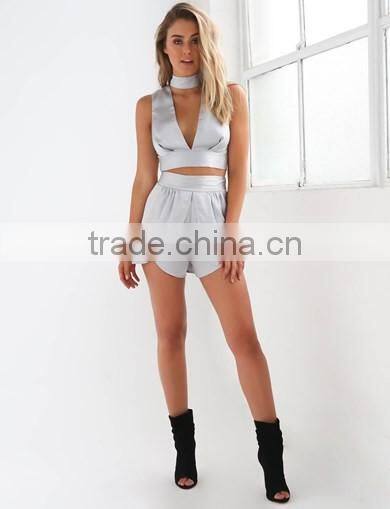Satin Women Fashion New Style Sexy Two Piece Sets 2016 Wholesale Ladies Elegant Grey Fashion Sets