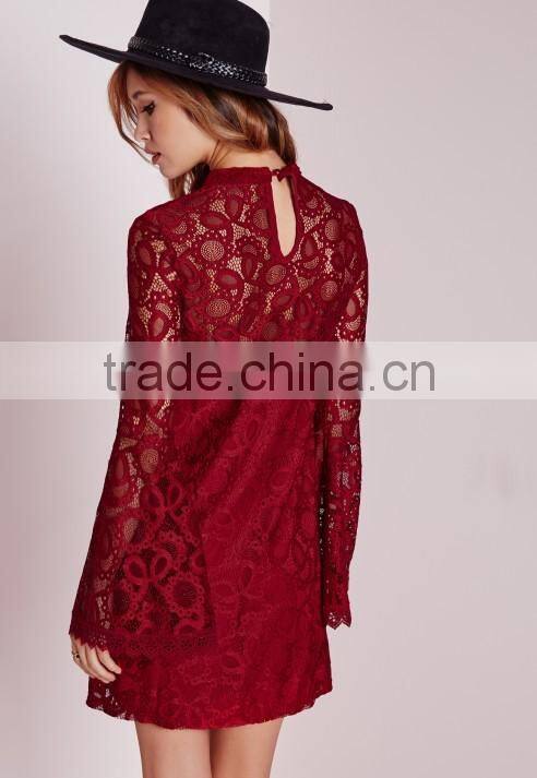 wholesale fashion new design long sleeve red lace swing dress red