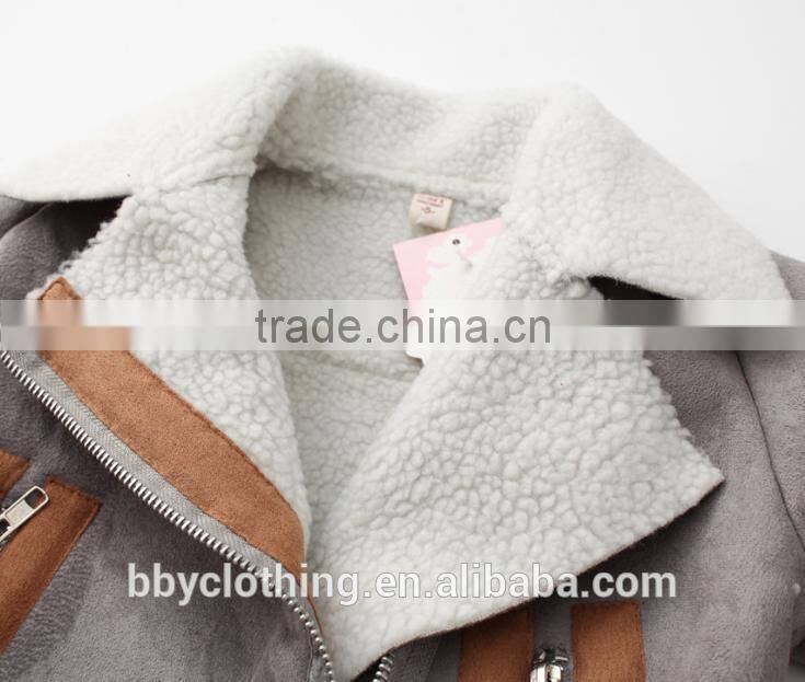 British style white plush lining Suede turn-down collar children winter jacket with zipper