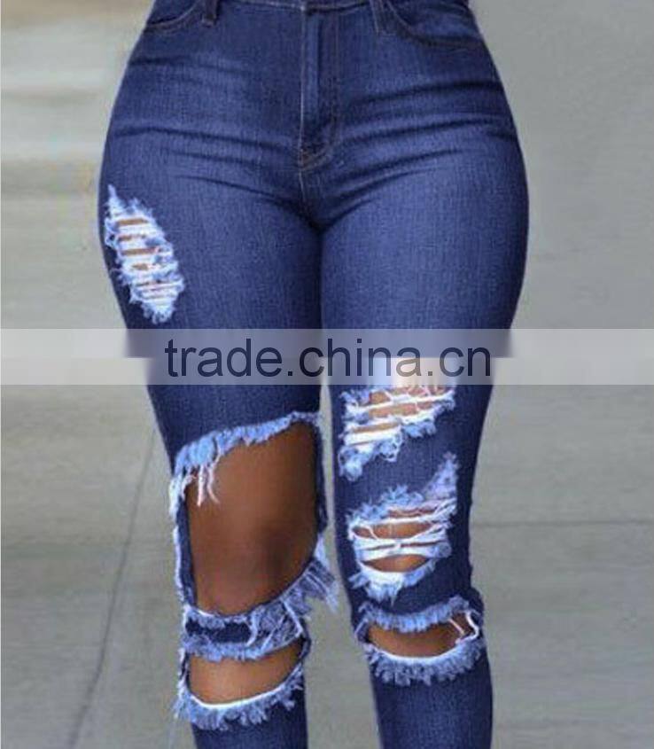 2016 women pants Ladies Casual blue with waist-length Ripped distressed female jeans