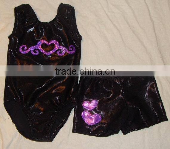 dance outfit and shorts black mystique with purple heart pattern on leotard and hearts