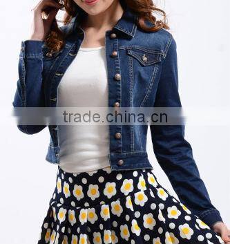 denim polo collar short type jacket for woman