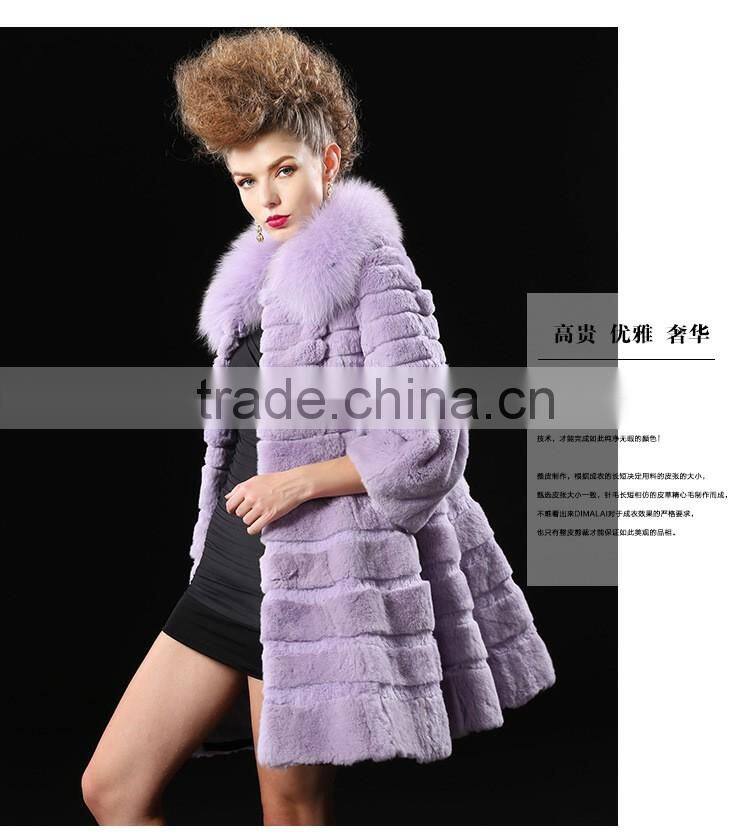 2017 real animal fur woman overcoat knit Rex rabbit fur with fox fur collar