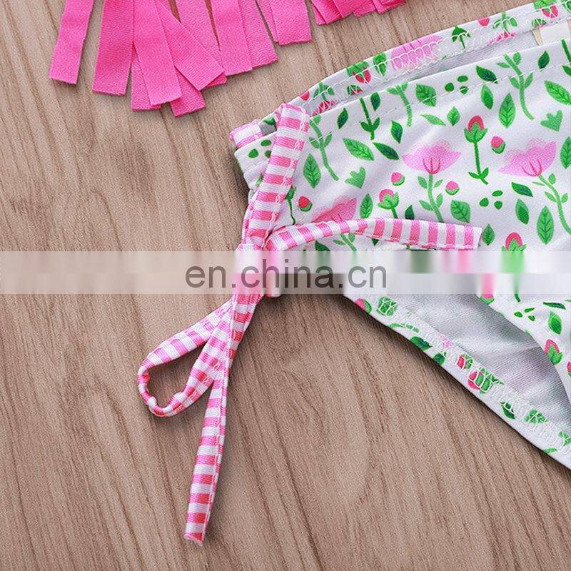 2019 Summer girls pink tassel bikini set kids fringe swimwear with floral shorts 2pc set