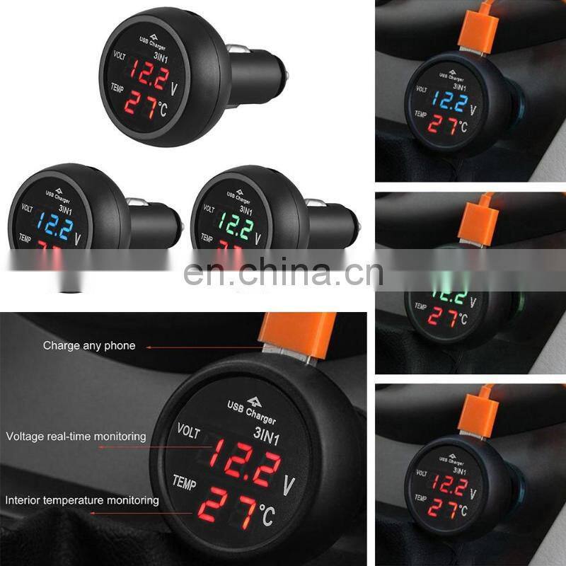 3 in 12/24V Car Auto Monitor Display USB Car Charger For Phone Tablet GPS LED Digital Voltmeter Gauge Thermometer