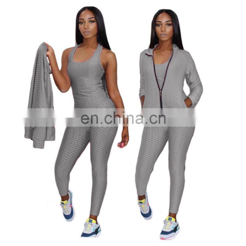 2021 New Fashion Plain Long Sleeve Jacquard 3 Piece Fall Sets Women Zipper Tracksuit Set