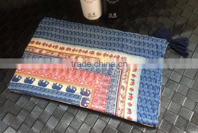 2016 Newest Vintage Blue Small Elephant Printed Women Cotton Scarf with Tassels