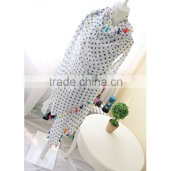 Hot Selling Korean Navy Star Printed Colorful Tassels Fashion Ladies Scarf