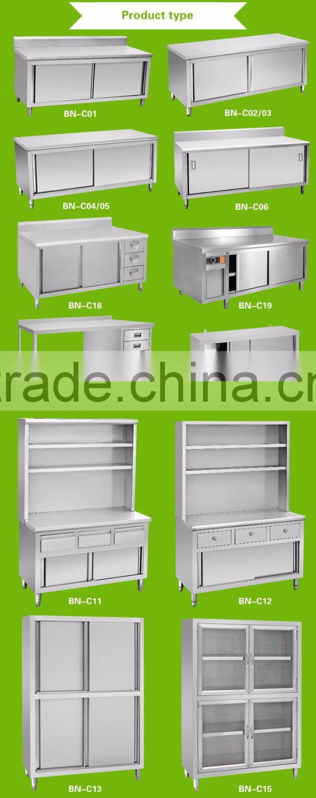 Commercial Stainless Steel Kitchen Bench Cabinet With Sliding Doors,Drawers, over shelves BN-C12(Custom Made)