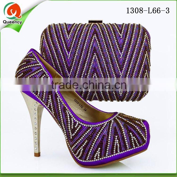 Champagne wholesale fashion women high heels italian shoes and bag set with stone