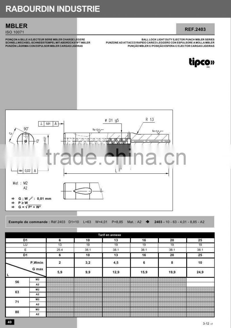 Rabourdin MBLER standard ISO 10071 ball lock light duty ejector punch