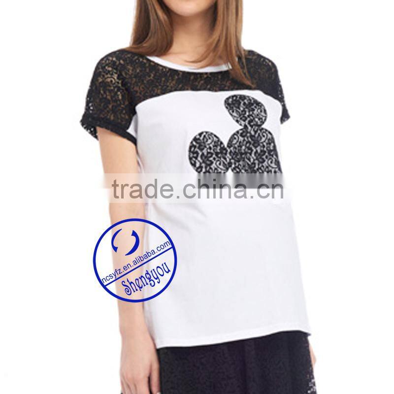 Custom 100% cotton jersey printed short sleeve maternity lace t shirt