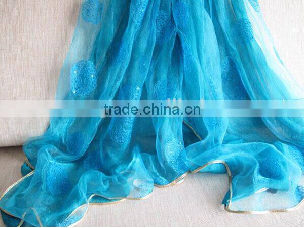 Fashion double-layer nest embroidery & sequins organza silk scarf