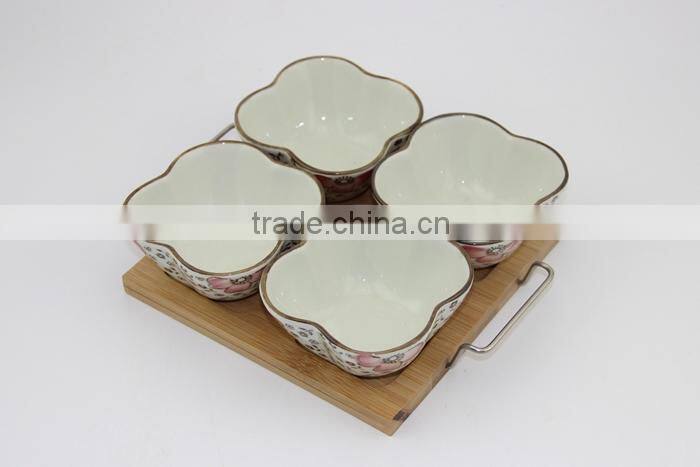new year gift bamboo tray with 4 ceramic dip bowls