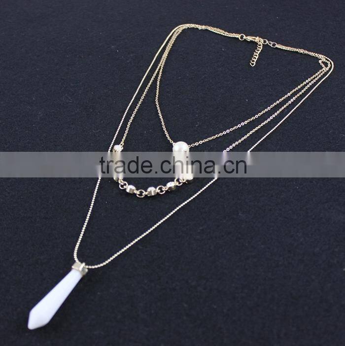 2015 Newest 3rows Natural Opal Stone and Pearl Pendant Necklace
