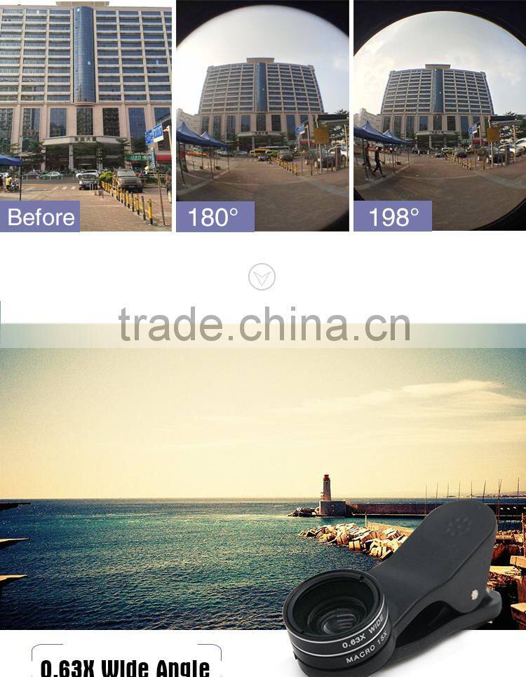 Europe and America hot selling anti-slip clip 198 degree fisheye lens mobile phone camera lens for iPhone Samsung HTC LG Huawei