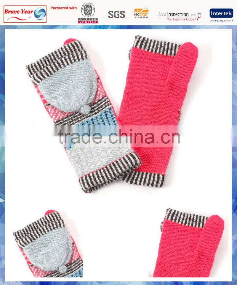 pink fairisle knitting women fingerless gloves with cover and one finger