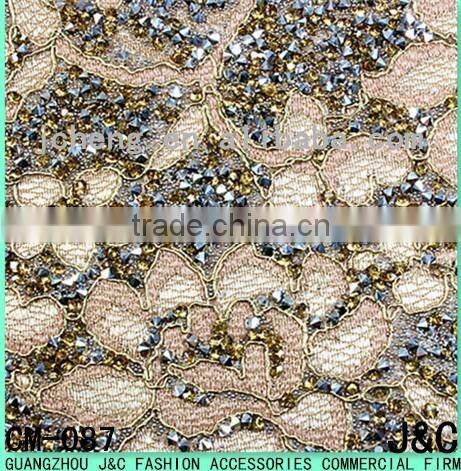 24*40cm beige color lace with colorado rhinestone hot fix mesh for shoe decorations