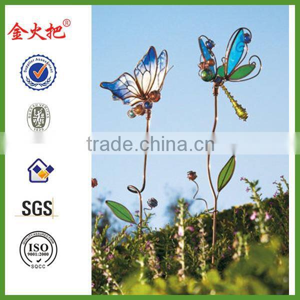 Decorative metal blue and green streaked stained glass butterfly stake