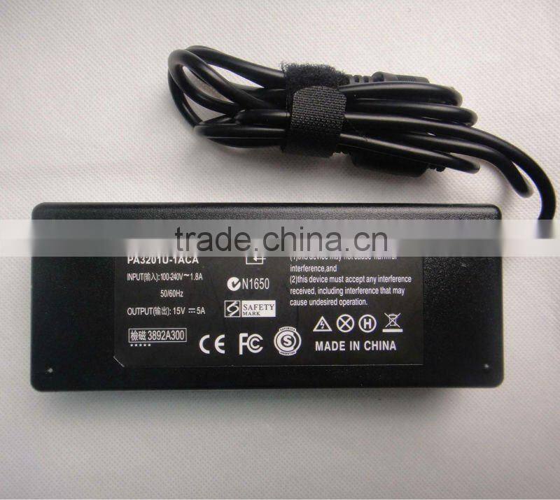 15V 5A laptop power adapter for Toshiba PA3283U-1ACA, PA3283U-2ACA, PA3283U-3ACA satellite 1400 pa3803