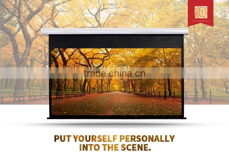 Projection screen roll up tab tensioned electric motorised projector screen