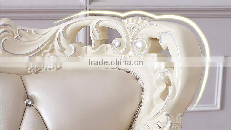 Living room sofa ivory color solid wood hand carved genuine leather 1+2+3 sofa set