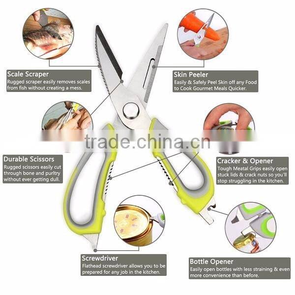 Stainless Steel Plastic Multi-function Kitchen Scissors Chicken Bone Scissor with Magnetic Holder Cover