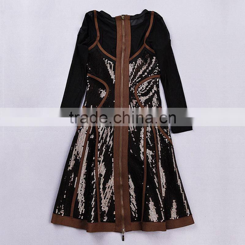 2015 High quality Round neck Long sleeve Knee length Celebrated dress with Mesh