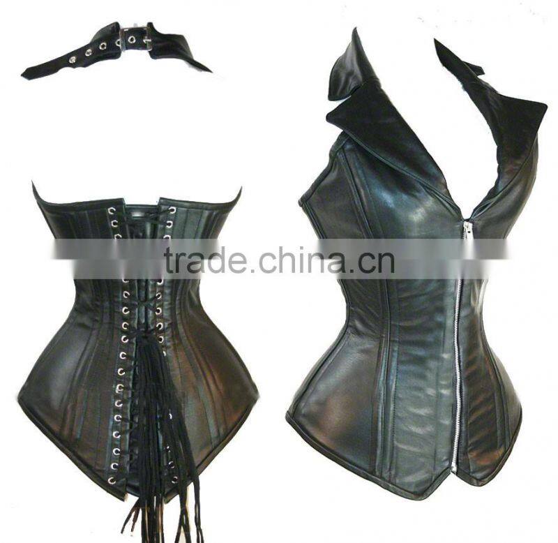 Women's Steel Boned Corset Gothic Faux Leather Halter Collar Steampunk Bustier