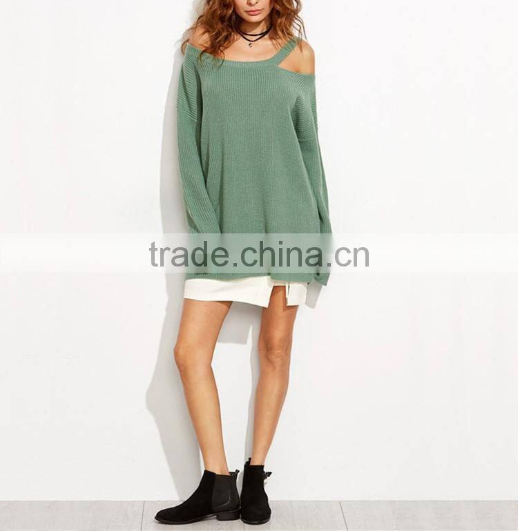 Sexy Knitted Pullover Sweater Women Long Sleeve Asymmetric Cold Shoulder Long Sweater