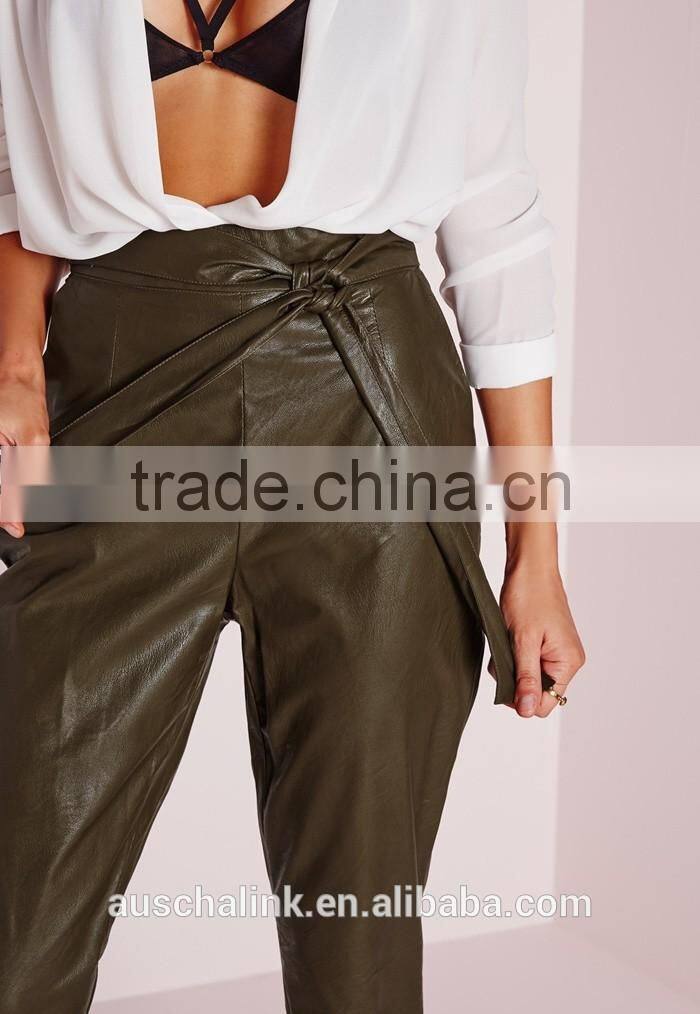 new arrival khaki tie waist faux leather pants women