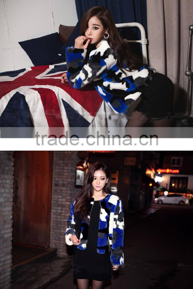 Europe style woman joint colour faux fox fur short overcoat lady fashionable printed short jackets