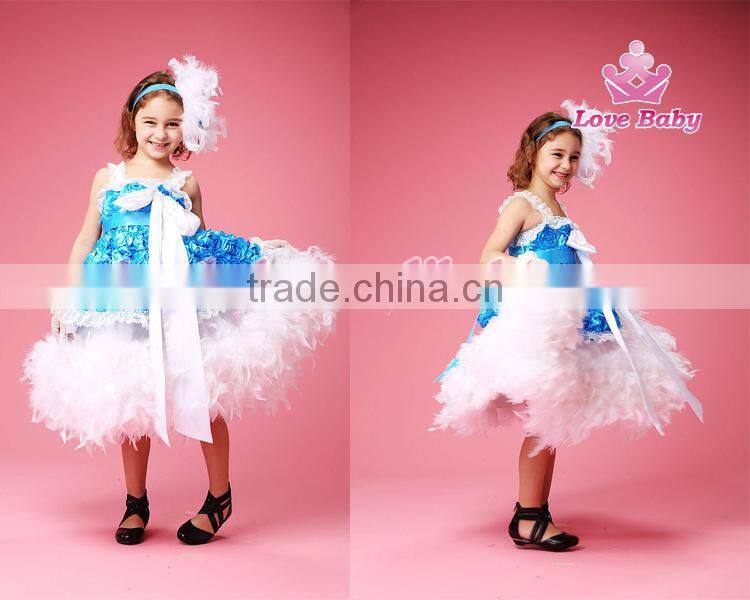 Hottest Royalblue Rosette Feather Long Dress Baby Girl Party Dress