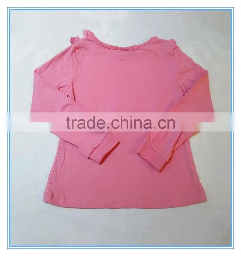 OEM cotton children girls long sleeve shirt, girls boutique t shirt with bowknot on shoulder
