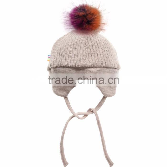 Myfur Real Raccoon Fur Pom Pom Top High Quality Wool Knitting Hat for Children