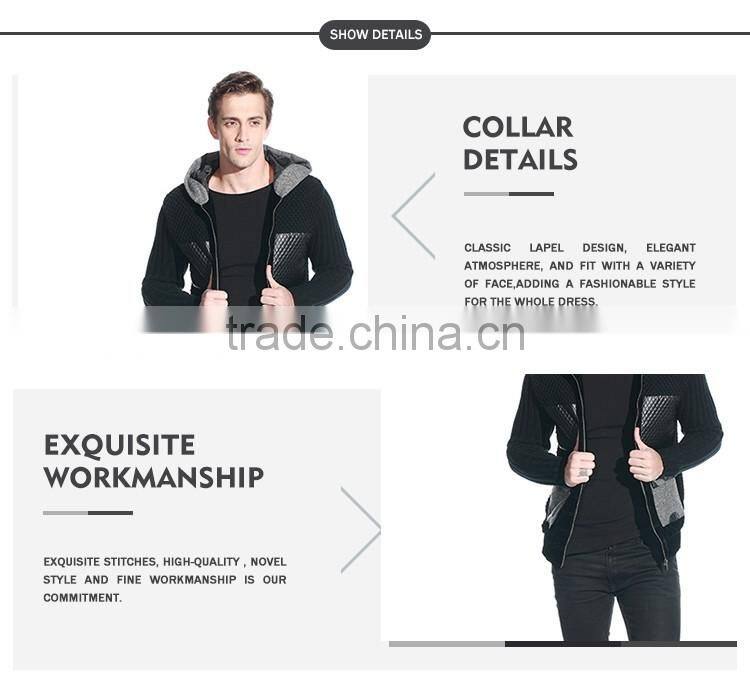 Men Patchwork leather Knitted jackets coat alpaca hooded sweater with zipper