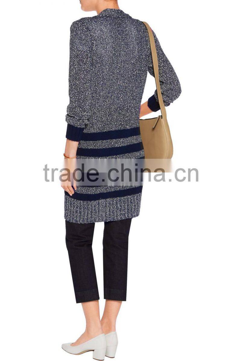 Newly Arrival Thick Black Strips Pattern Cardigan Knitwear for Women with Button Fastening and Two Waist Pockets